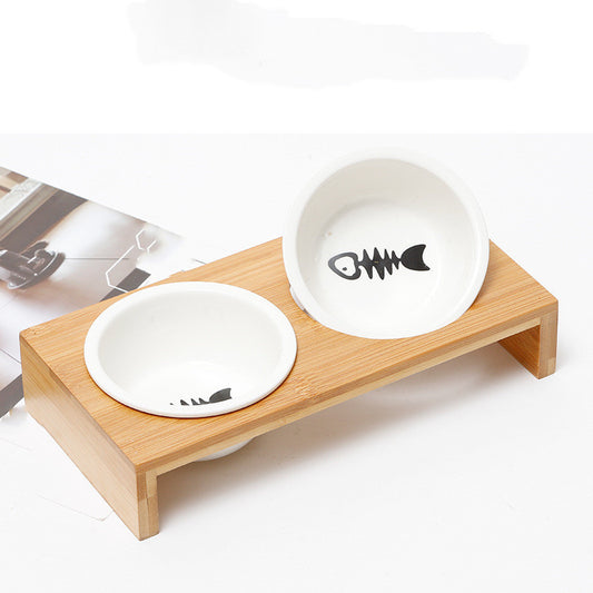 Bamboo and wood ceramic cat bowl